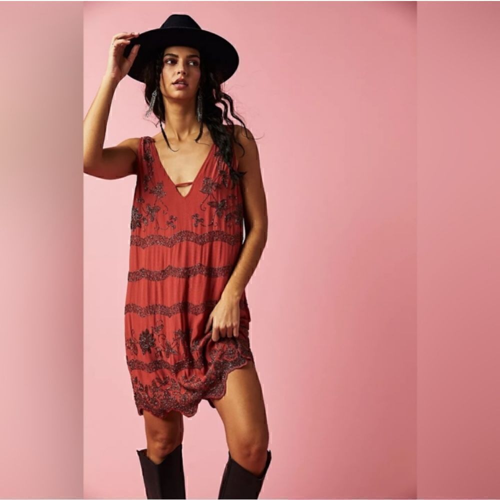 Free People Red Bali Mad Love embellished beaded boho mini dress size S